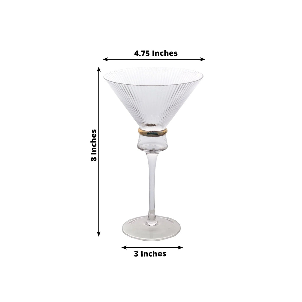 6 - Pack Clear Martini Glasses â€“ 10oz Real Glass, Ribbed Design with Gold Ring Accent, Elegant Cocktail Glasses for Martinis & Cosmopolitans â€“ 8" Tall - Bell Racket Store
