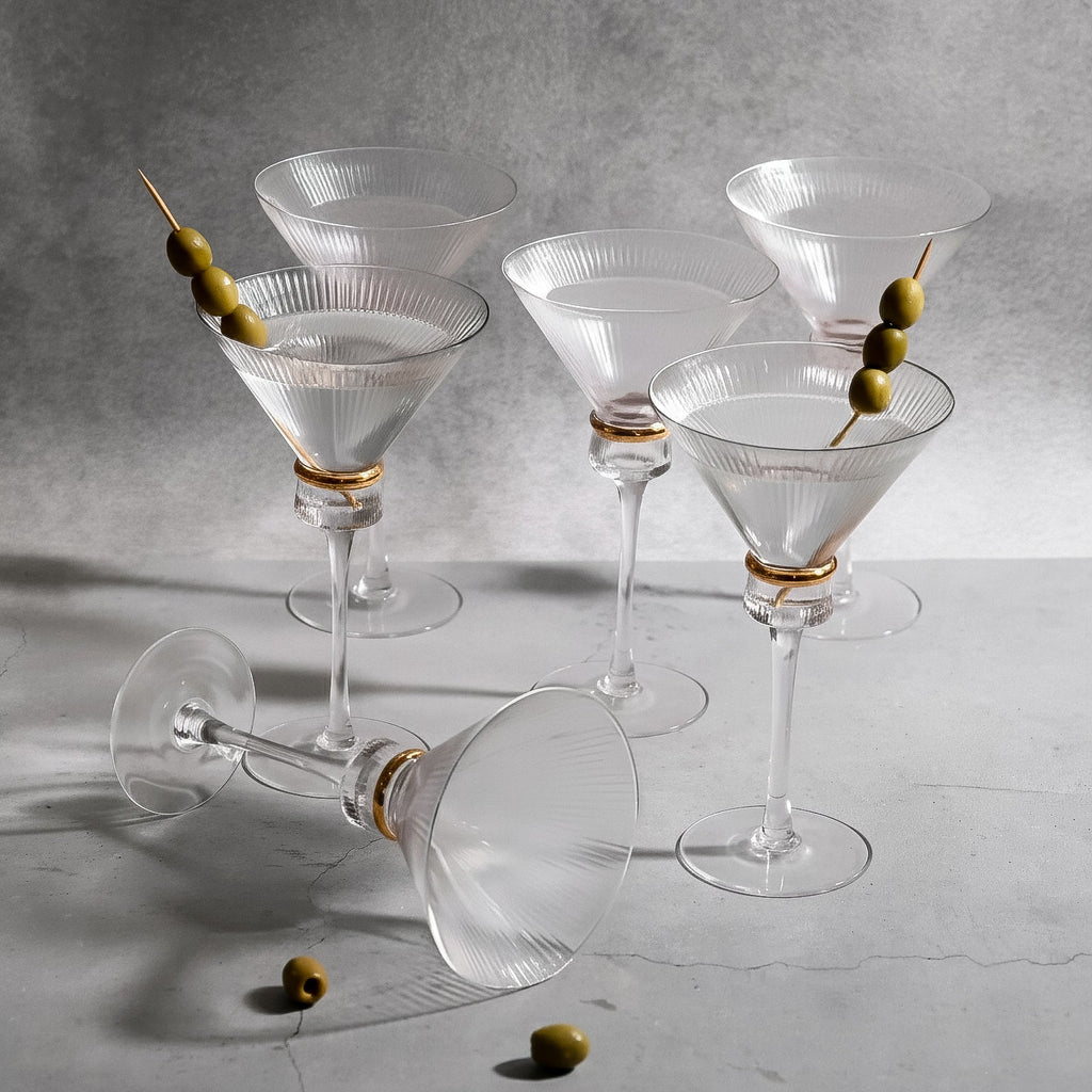 6 - Pack Clear Martini Glasses â€“ 10oz Real Glass, Ribbed Design with Gold Ring Accent, Elegant Cocktail Glasses for Martinis & Cosmopolitans â€“ 8" Tall - Bell Racket Store