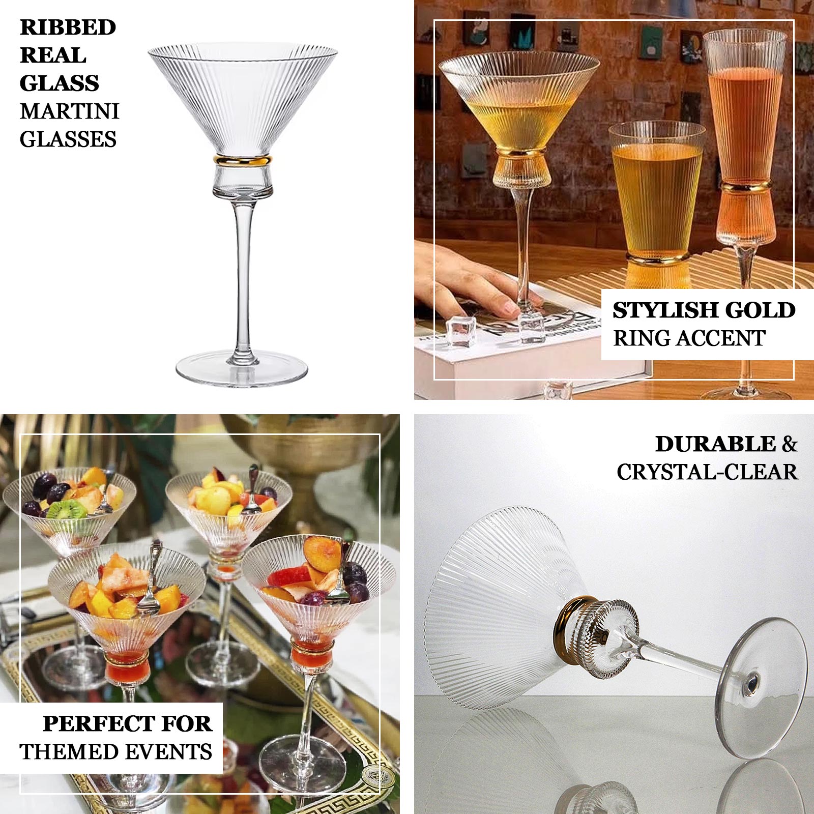 6 - Pack Clear Martini Glasses â€“ 10oz Real Glass, Ribbed Design with Gold Ring Accent, Elegant Cocktail Glasses for Martinis & Cosmopolitans â€“ 8" Tall - Bell Racket Store