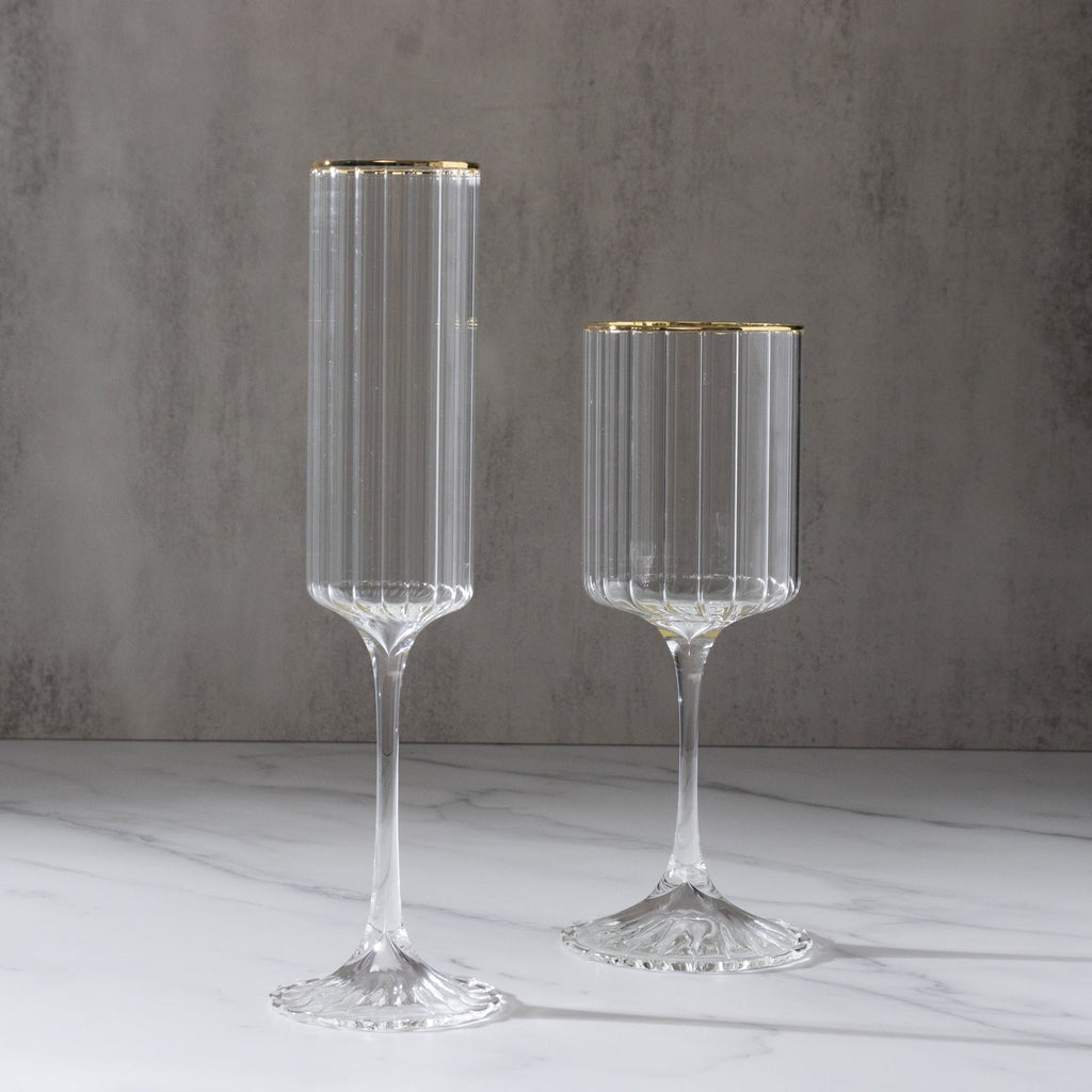 6 - Pack Clear Modern Champagne Flutes â€“ 7oz Real Glass, Ribbed Cylindrical Design with Gold Rim, Elegant Toasting Glasses for Weddings & Celebrations â€“ 9.5" Tall - Bell Racket Store