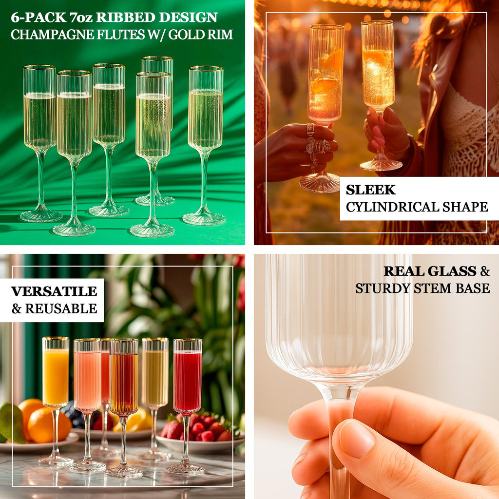 6 - Pack Clear Modern Champagne Flutes â€“ 7oz Real Glass, Ribbed Cylindrical Design with Gold Rim, Elegant Toasting Glasses for Weddings & Celebrations â€“ 9.5" Tall - Bell Racket Store