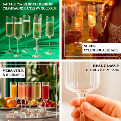 6 - Pack Clear Modern Champagne Flutes â€“ 7oz Real Glass, Ribbed Cylindrical Design with Gold Rim, Elegant Toasting Glasses for Weddings & Celebrations â€“ 9.5" Tall - Bell Racket Store