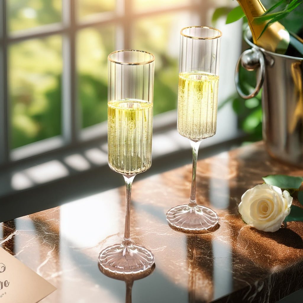 6 - Pack Clear Modern Champagne Flutes â€“ 7oz Real Glass, Ribbed Cylindrical Design with Gold Rim, Elegant Toasting Glasses for Weddings & Celebrations â€“ 9.5" Tall - Bell Racket Store