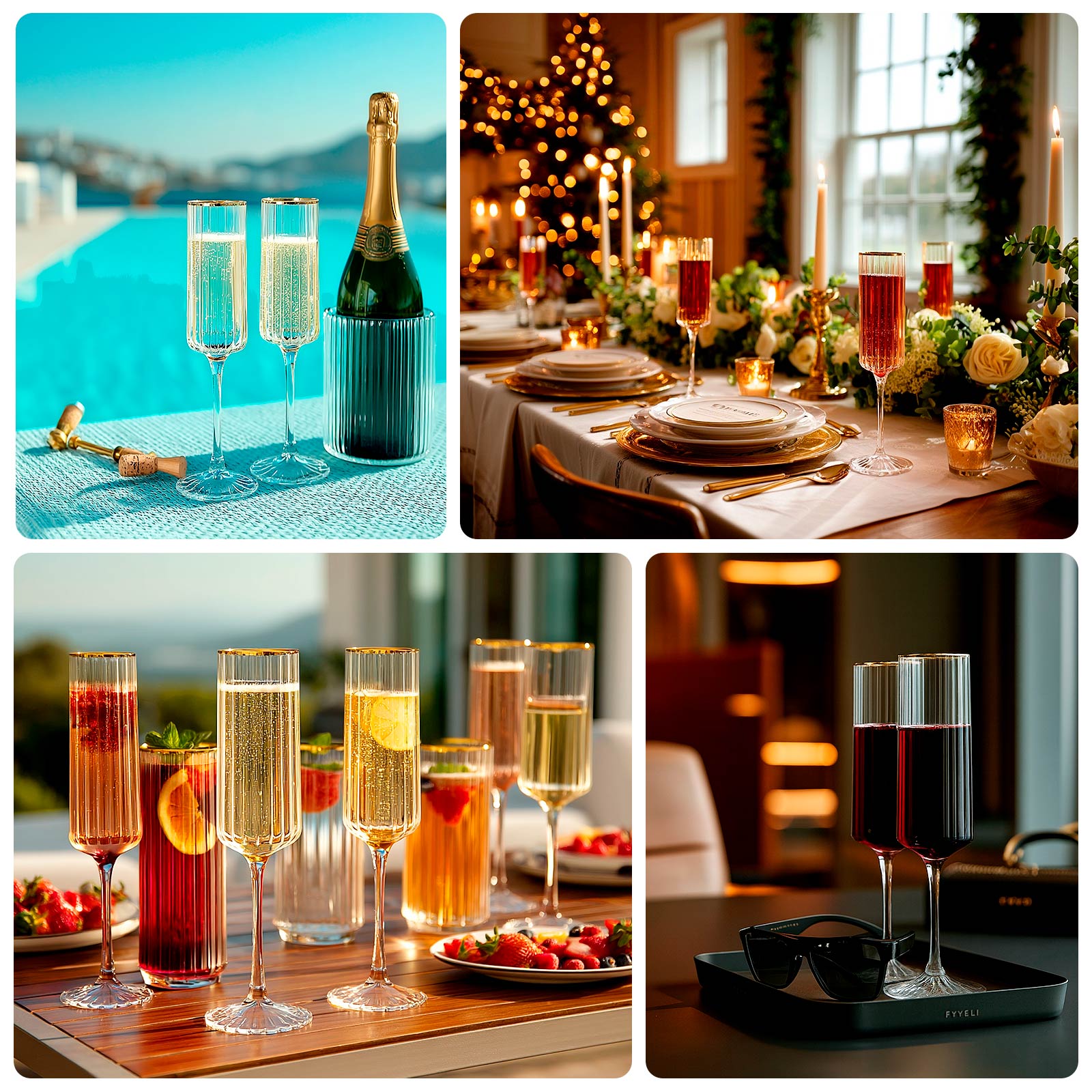 6 - Pack Clear Modern Champagne Flutes â€“ 7oz Real Glass, Ribbed Cylindrical Design with Gold Rim, Elegant Toasting Glasses for Weddings & Celebrations â€“ 9.5" Tall - Bell Racket Store