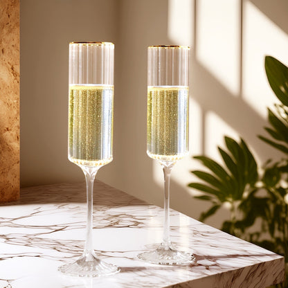 6 - Pack Clear Modern Champagne Flutes â€“ 7oz Real Glass, Ribbed Cylindrical Design with Gold Rim, Elegant Toasting Glasses for Weddings & Celebrations â€“ 9.5" Tall - Bell Racket Store