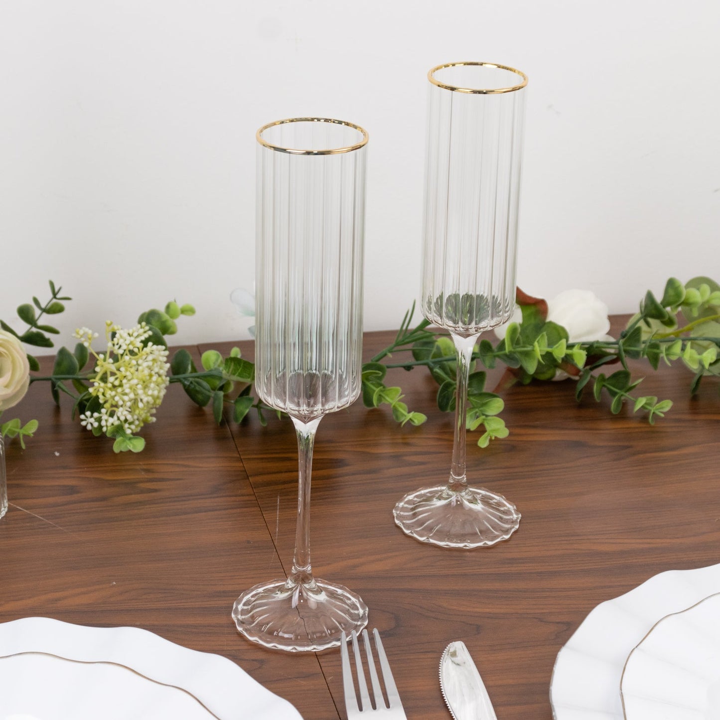 6 - Pack Clear Modern Champagne Flutes â€“ 7oz Real Glass, Ribbed Cylindrical Design with Gold Rim, Elegant Toasting Glasses for Weddings & Celebrations â€“ 9.5" Tall - Bell Racket Store