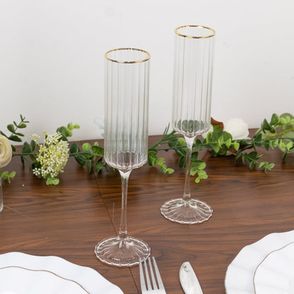 6 - Pack Clear Modern Champagne Flutes â€“ 7oz Real Glass, Ribbed Cylindrical Design with Gold Rim, Elegant Toasting Glasses for Weddings & Celebrations â€“ 9.5" Tall - Bell Racket Store