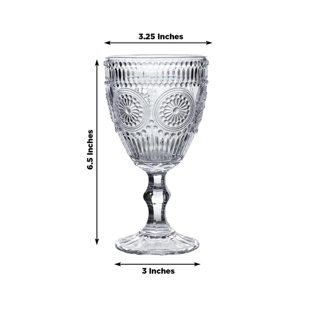 6 - Pack Clear Vintage Goblets 11oz â€“ Embossed Glass Cocktail & Wine Glasses with Floral Design - Bell Racket Store