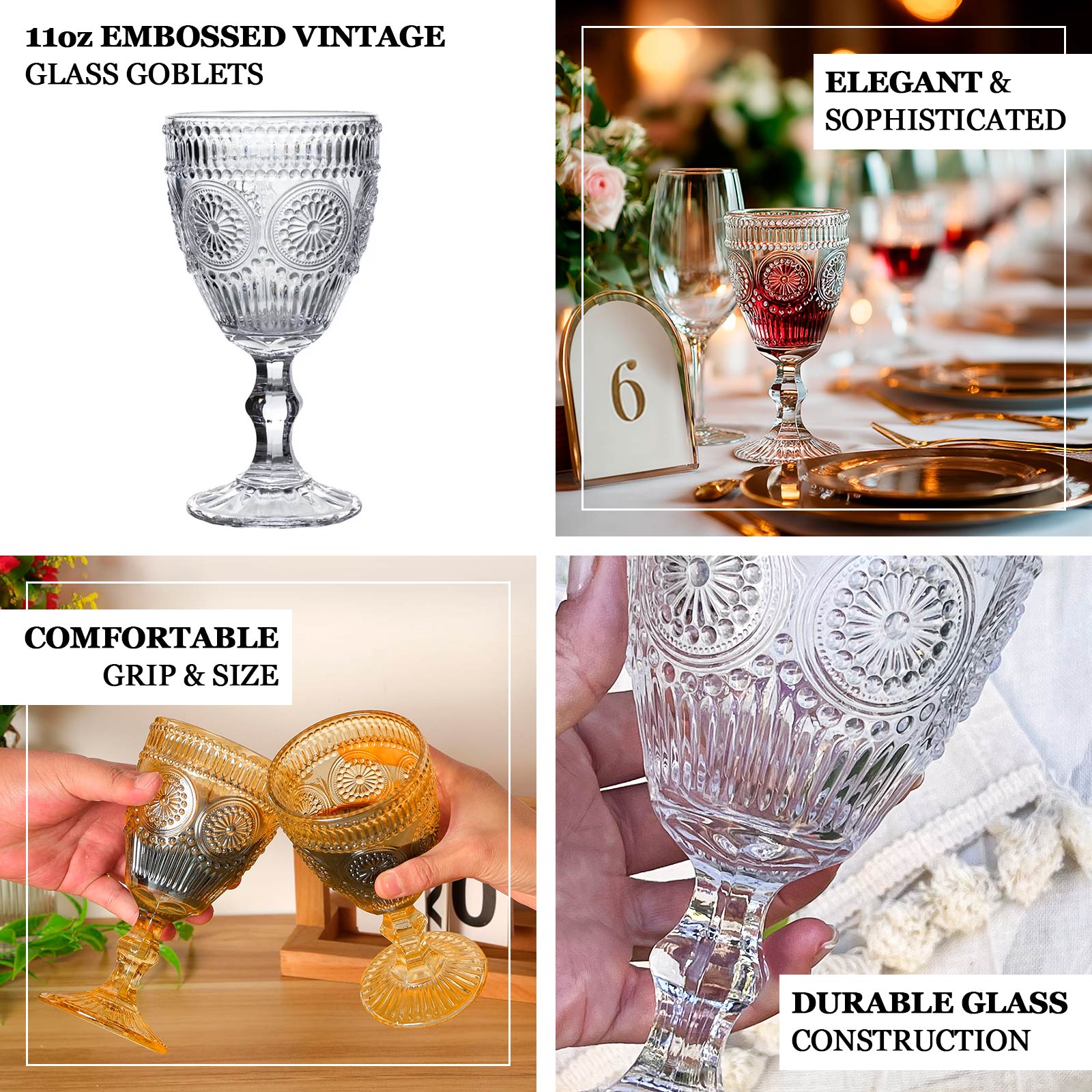 6 - Pack Clear Vintage Goblets 11oz â€“ Embossed Glass Cocktail & Wine Glasses with Floral Design - Bell Racket Store
