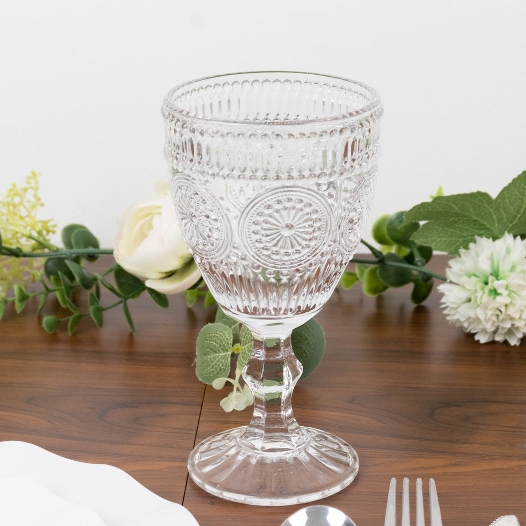 6 - Pack Clear Vintage Goblets 11oz â€“ Embossed Glass Cocktail & Wine Glasses with Floral Design - Bell Racket Store