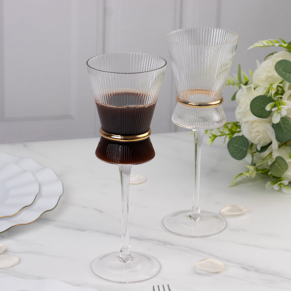 6 - Pack Clear Wine Glasses â€“ 9oz Real Glass, Ribbed Design with Gold Ring Accent, Elegant Glassware for Celebrations â€“ 9" Tall - Bell Racket Store
