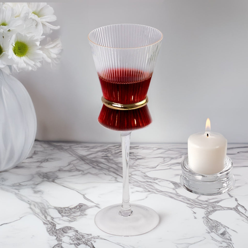 6 - Pack Clear Wine Glasses â€“ 9oz Real Glass, Ribbed Design with Gold Ring Accent, Elegant Glassware for Celebrations â€“ 9" Tall - Bell Racket Store