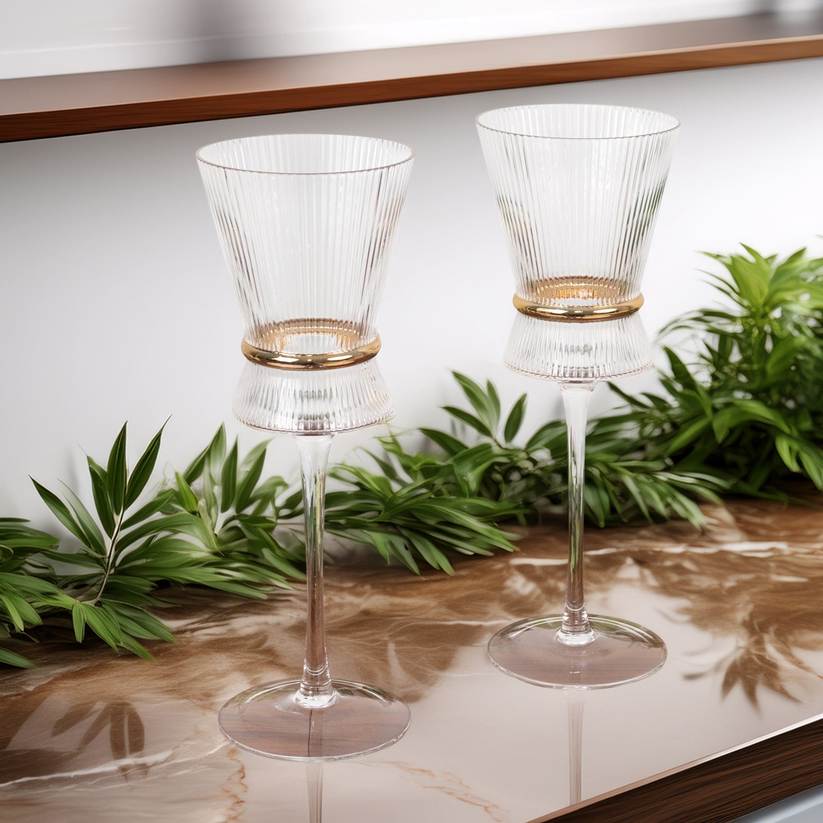 6 - Pack Clear Wine Glasses â€“ 9oz Real Glass, Ribbed Design with Gold Ring Accent, Elegant Glassware for Celebrations â€“ 9" Tall - Bell Racket Store