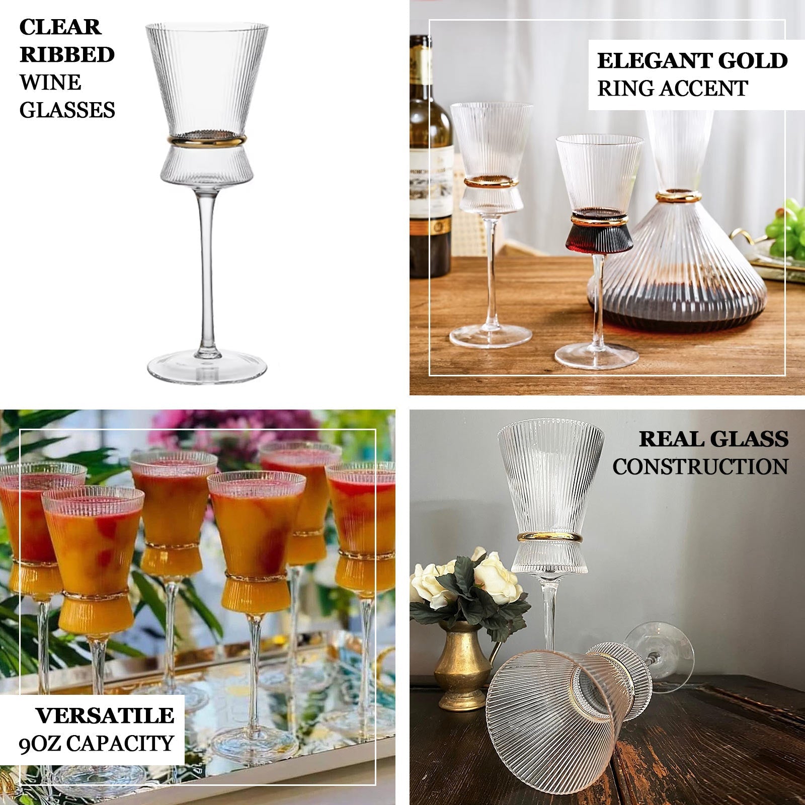 6 - Pack Clear Wine Glasses â€“ 9oz Real Glass, Ribbed Design with Gold Ring Accent, Elegant Glassware for Celebrations â€“ 9" Tall - Bell Racket Store