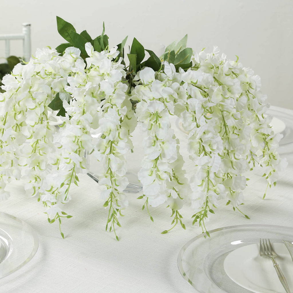 6 Pack Cream Silk Wisteria Vines Hanging Plants, Long Artificial Flowers Bushes - 4 Full Strands in 1 Bush - 21" - Bell Racket Store