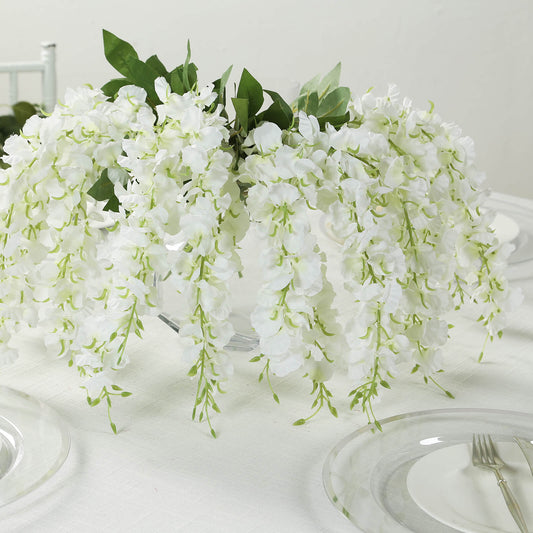 6 Pack Cream Silk Wisteria Vines Hanging Plants, Long Artificial Flowers Bushes - 4 Full Strands in 1 Bush - 21" - Bell Racket Store