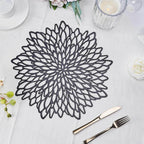 6-Pack Dining Table Mats Floral Design Black - Metallic Vinyl Round Non-Slip Mats for Tables 15"