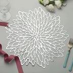 6-Pack Dining Table Mats Floral Design Silver - Metallic Vinyl Round Non-Slip Mats for Tables 15"