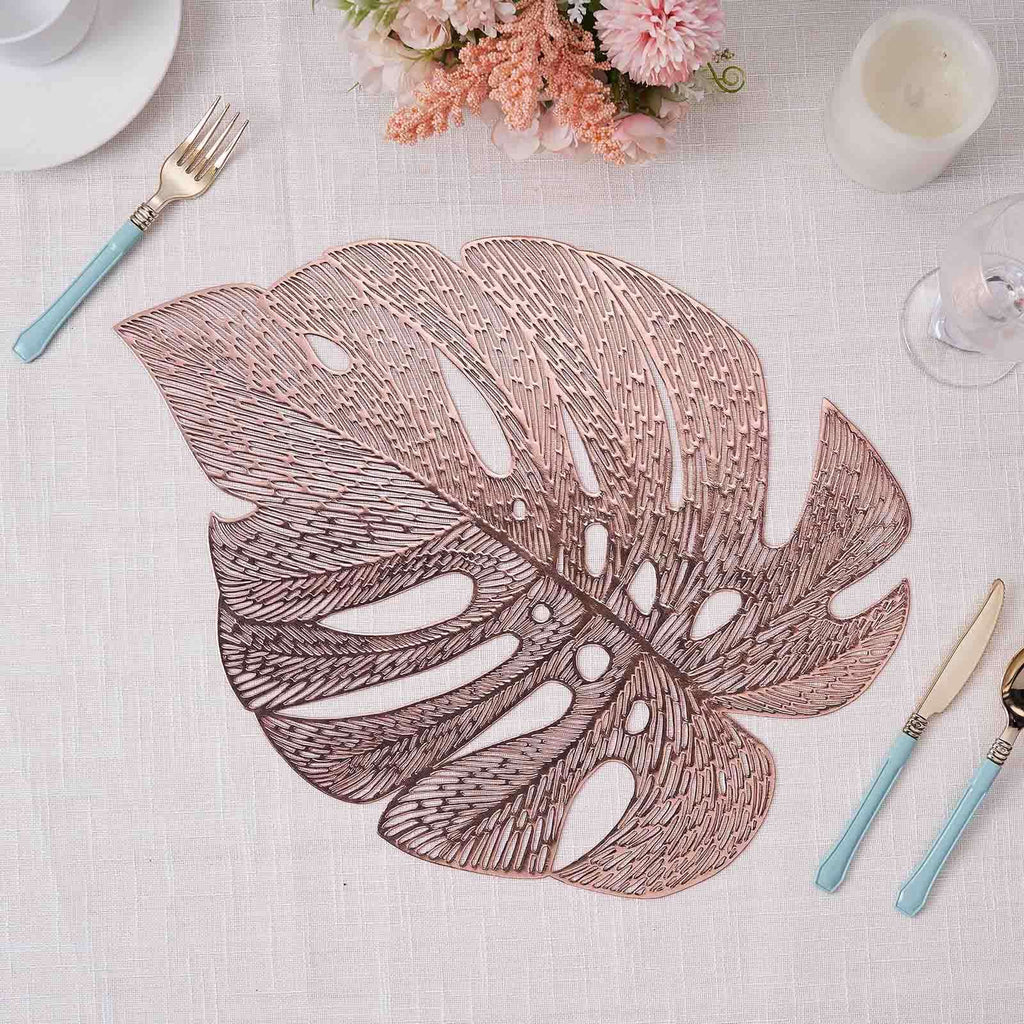 6-Pack Dining Table Mats Monstera Leaf Design Rose Gold - Vinyl Non-Slip Surface for Tropical Themes 18"