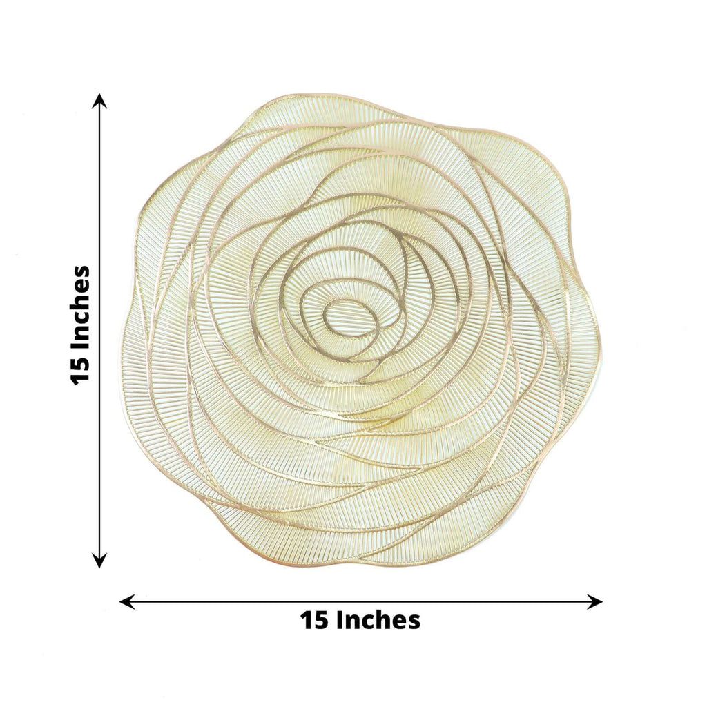 6 - Pack Dining Table Mats Rose Flower Design Metallic Gold - Vinyl Round Non - Slip and Washable Table Mats 15" - Bell Racket Store