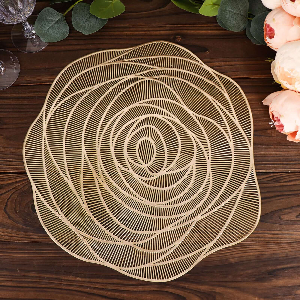 6 - Pack Dining Table Mats Rose Flower Design Metallic Gold - Vinyl Round Non - Slip and Washable Table Mats 15" - Bell Racket Store