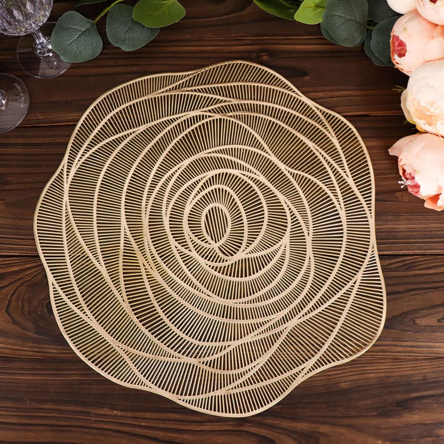 6 - Pack Dining Table Mats Rose Flower Design Metallic Gold - Vinyl Round Non - Slip and Washable Table Mats 15" - Bell Racket Store