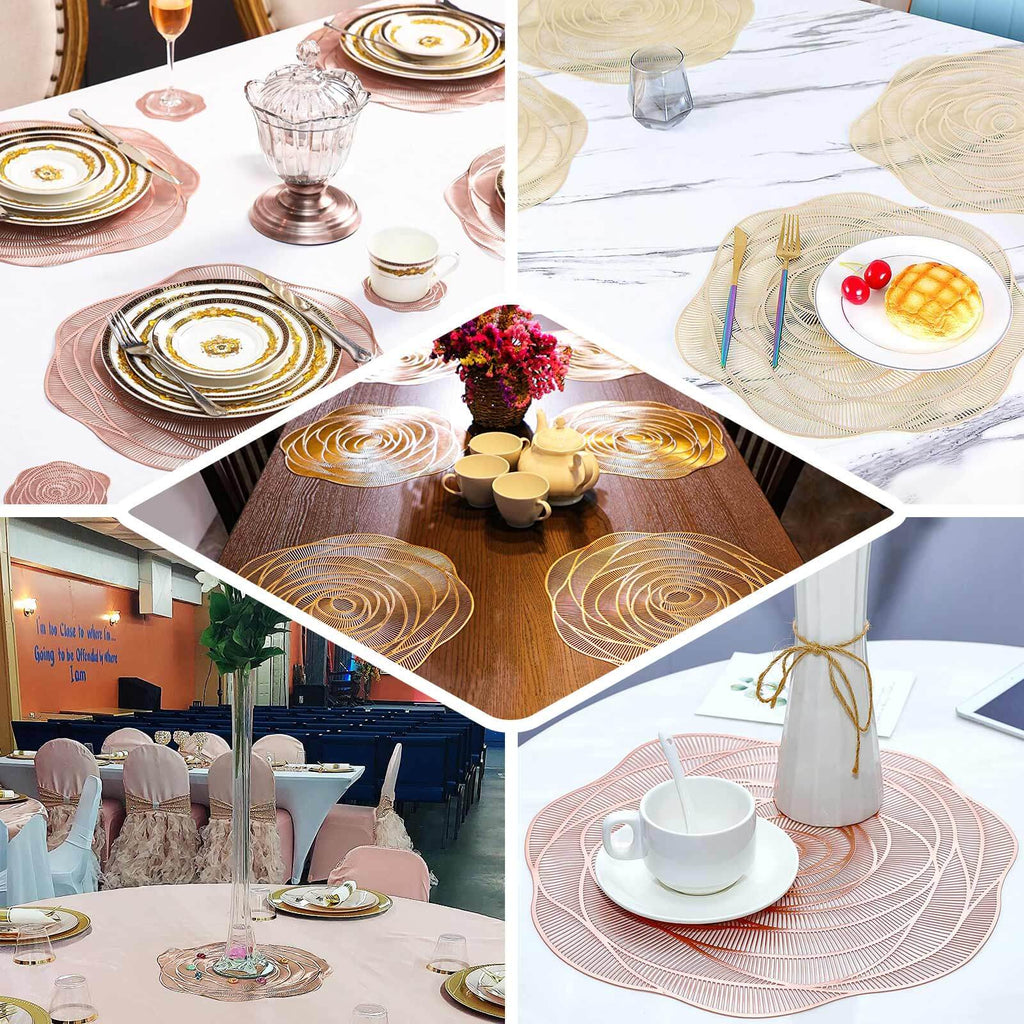 6 - Pack Dining Table Mats Rose Flower Design Metallic Gold - Vinyl Round Non - Slip and Washable Table Mats 15" - Bell Racket Store
