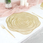 6 - Pack Dining Table Mats Rose Flower Design Metallic Gold - Vinyl Round Non - Slip and Washable Table Mats 15" - Bell Racket Store