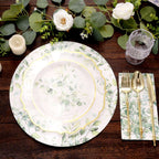 6 - Pack Disposable Charger Plates in Eucalyptus Leaves Print 13" in White/Green - 700GSM Floral Paper Chargers for Stylish & Easy Cleanup - Bell Racket Store