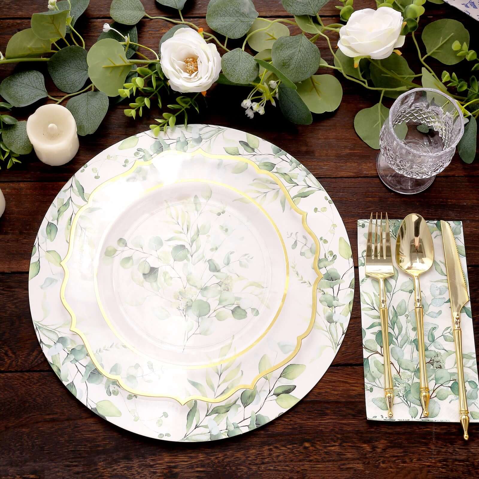 6 - Pack Disposable Charger Plates in Eucalyptus Leaves Print 13" in White/Green - 700GSM Floral Paper Chargers for Stylish & Easy Cleanup - Bell Racket Store