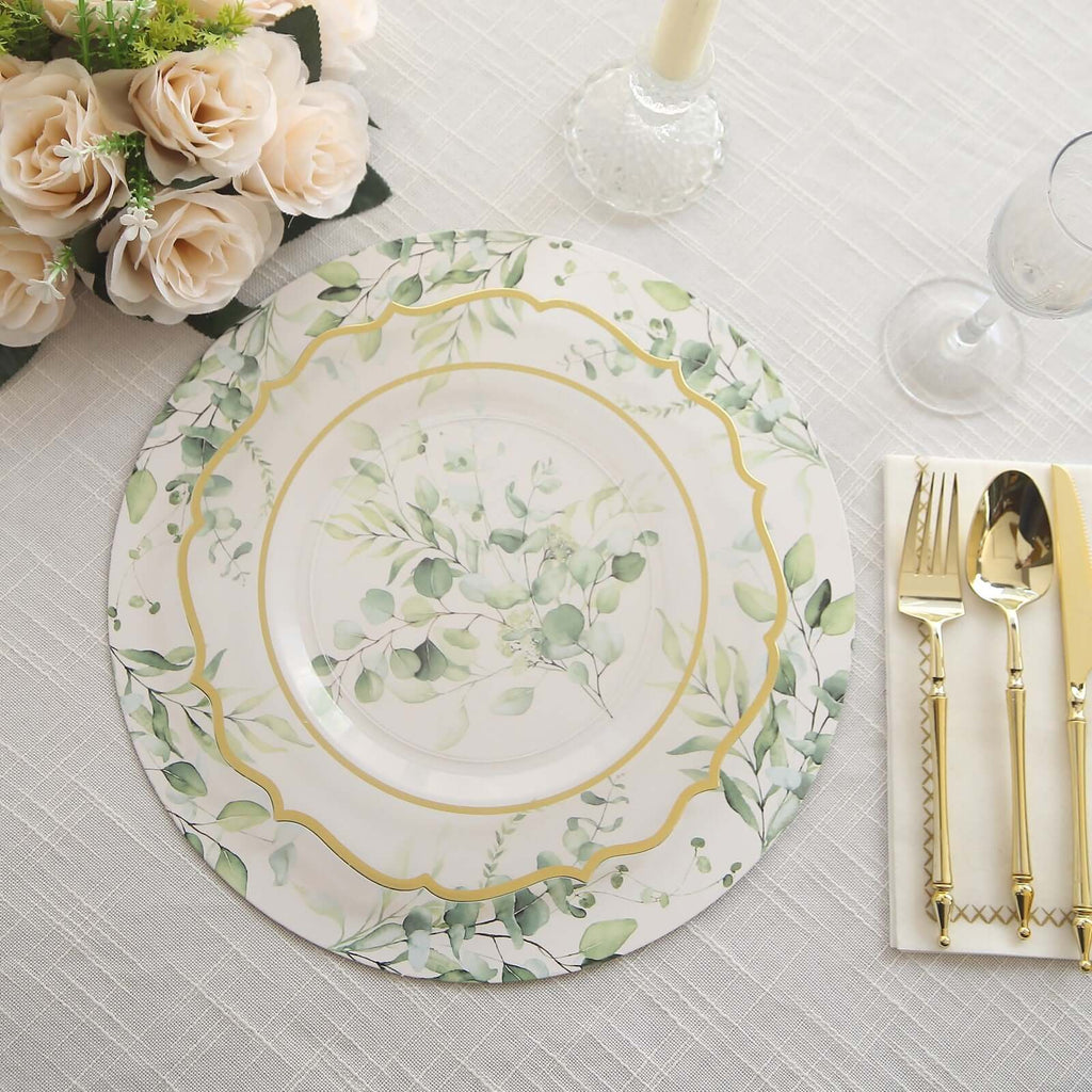 6 - Pack Disposable Charger Plates in Eucalyptus Leaves Print 13" in White/Green - 700GSM Floral Paper Chargers for Stylish & Easy Cleanup - Bell Racket Store