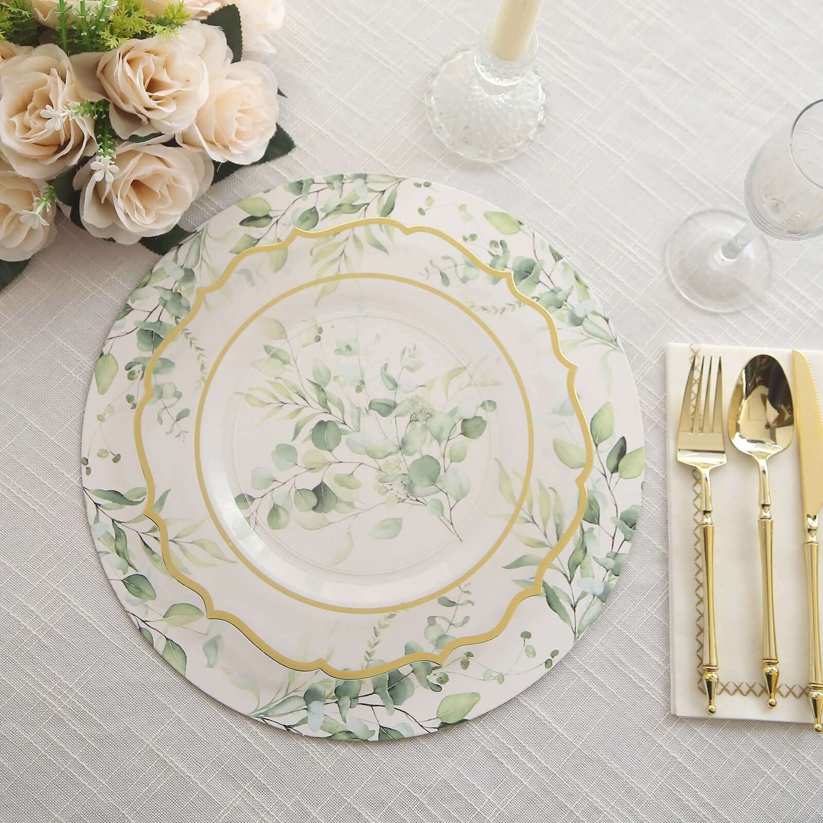 6 - Pack Disposable Charger Plates in Eucalyptus Leaves Print 13" in White/Green - 700GSM Floral Paper Chargers for Stylish & Easy Cleanup - Bell Racket Store