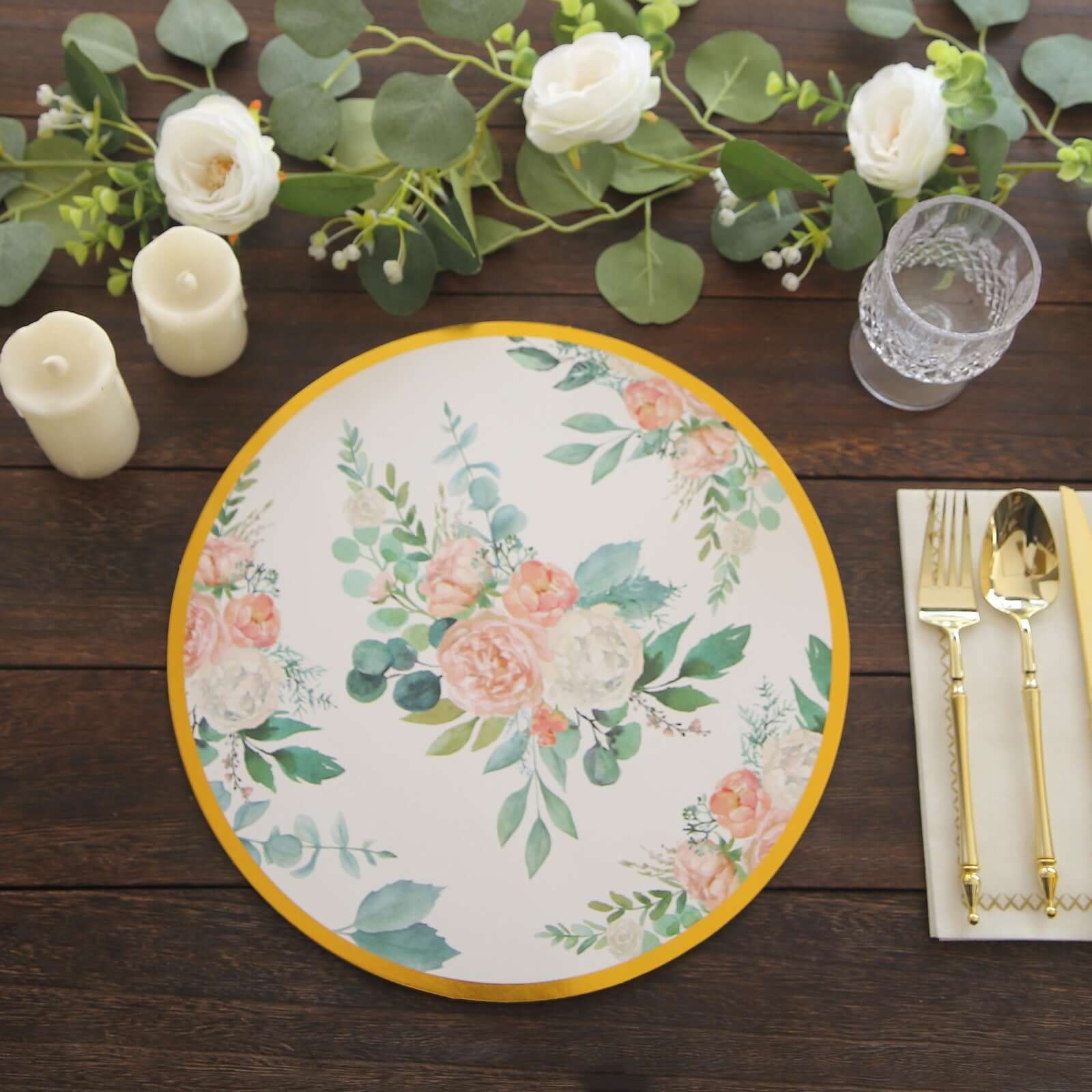 6 - Pack Disposable Charger Plates in Floral Print 13" in White/Pink with Gold Rim - 700GSM Paper Chargers for Stylish & Easy Cleanup - Bell Racket Store