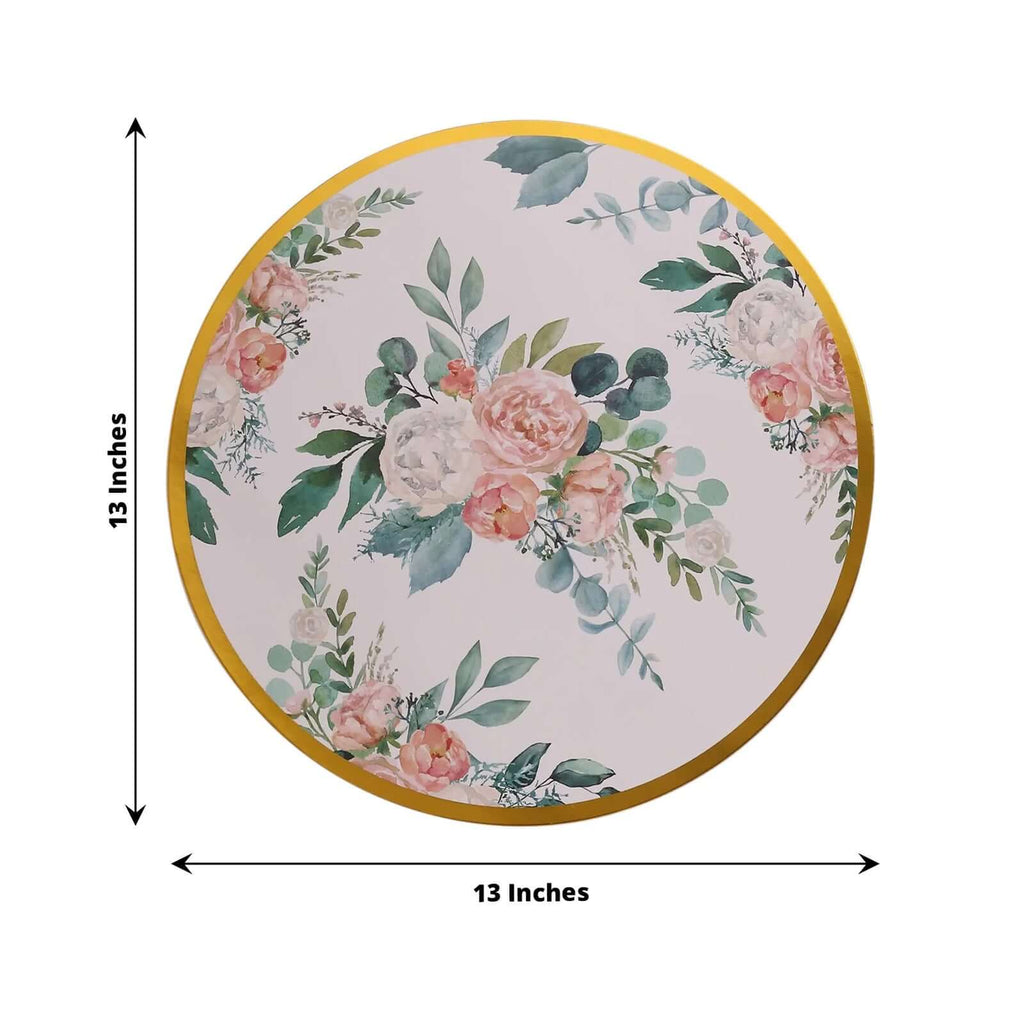 6 - Pack Disposable Charger Plates in Floral Print 13" in White/Pink with Gold Rim - 700GSM Paper Chargers for Stylish & Easy Cleanup - Bell Racket Store
