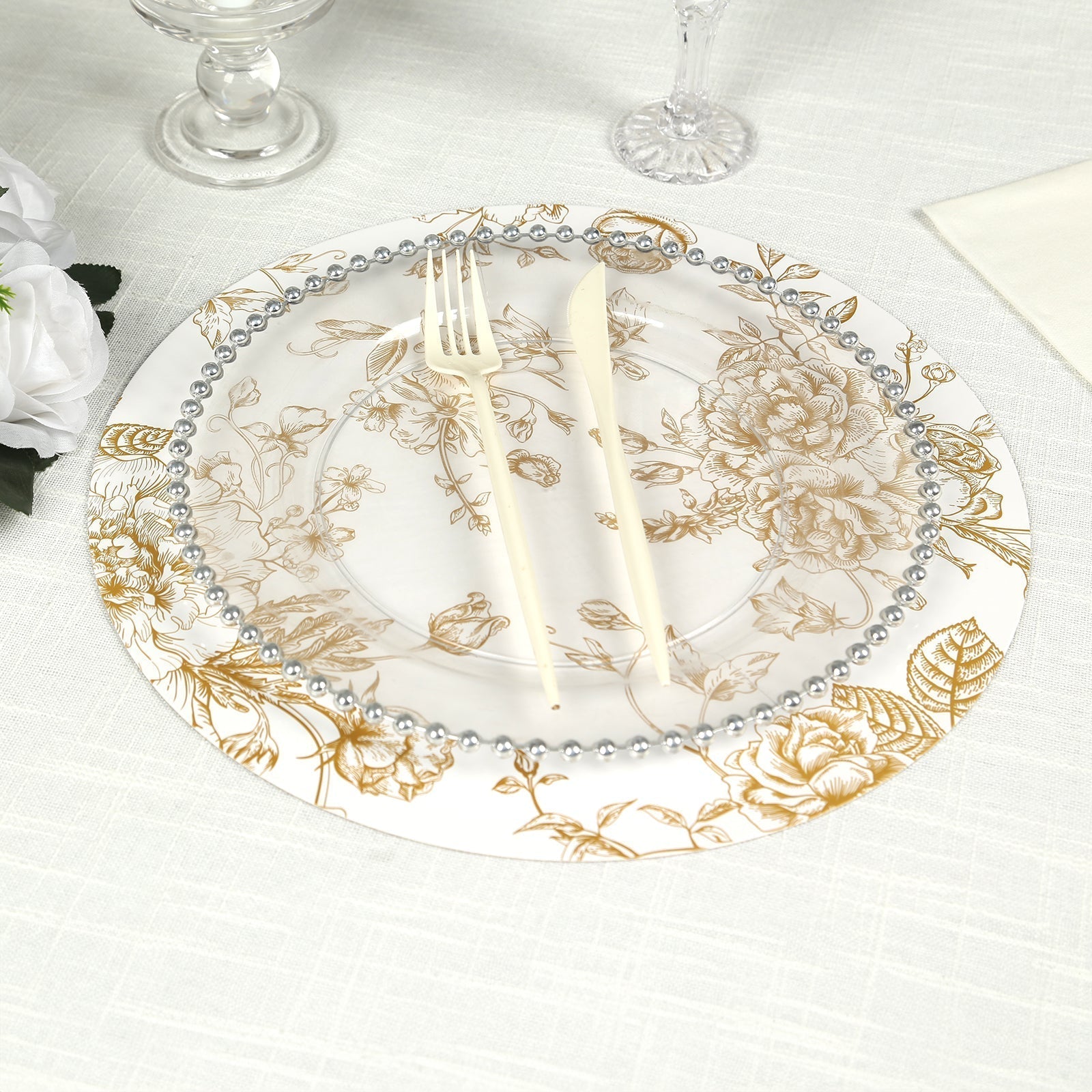 6 - Pack Disposable Table Placemats in French Toile Print 13" in White/Gold - Chic Floral Cardboard Placemats for Stylish Table Setting - Bell Racket Store