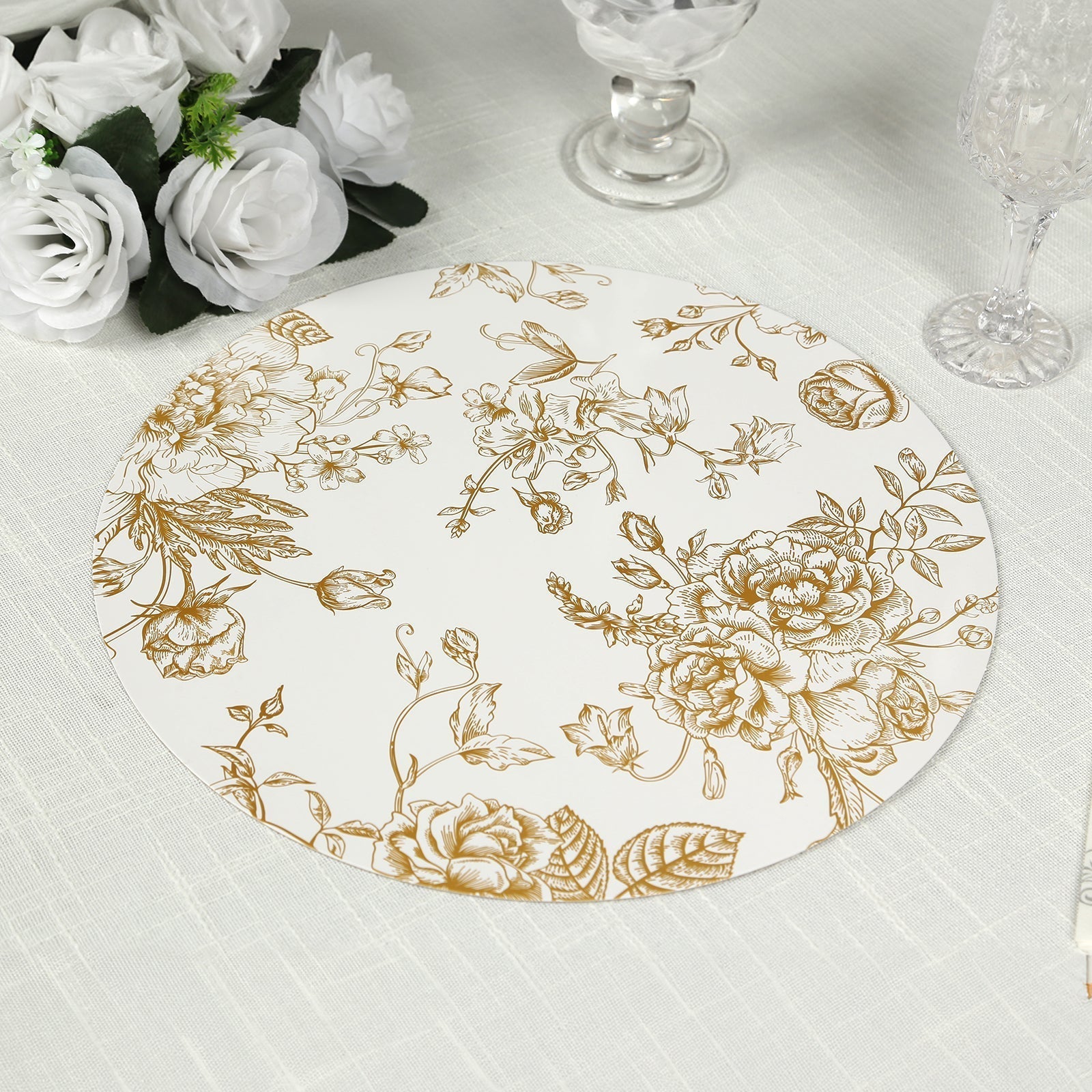 6 - Pack Disposable Table Placemats in French Toile Print 13" in White/Gold - Chic Floral Cardboard Placemats for Stylish Table Setting - Bell Racket Store
