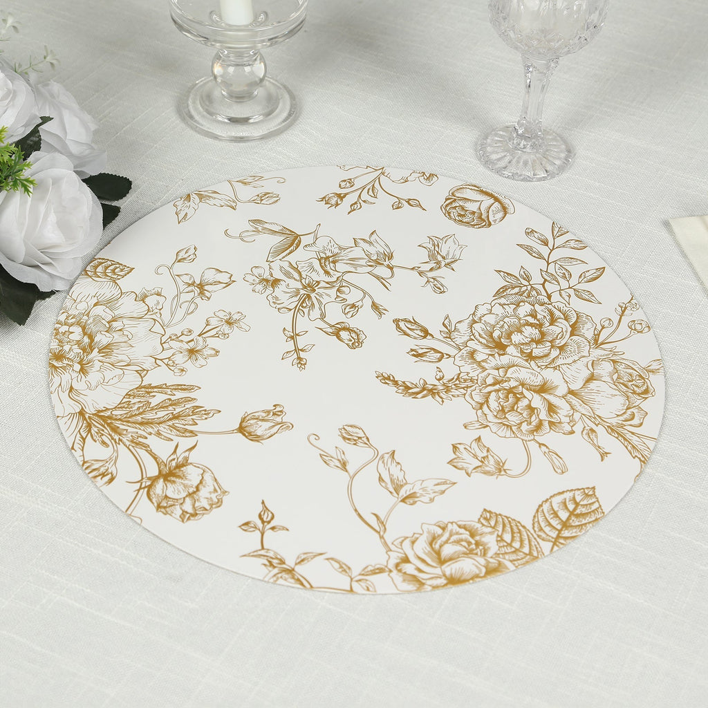 6 - Pack Disposable Table Placemats in French Toile Print 13" in White/Gold - Chic Floral Cardboard Placemats for Stylish Table Setting - Bell Racket Store