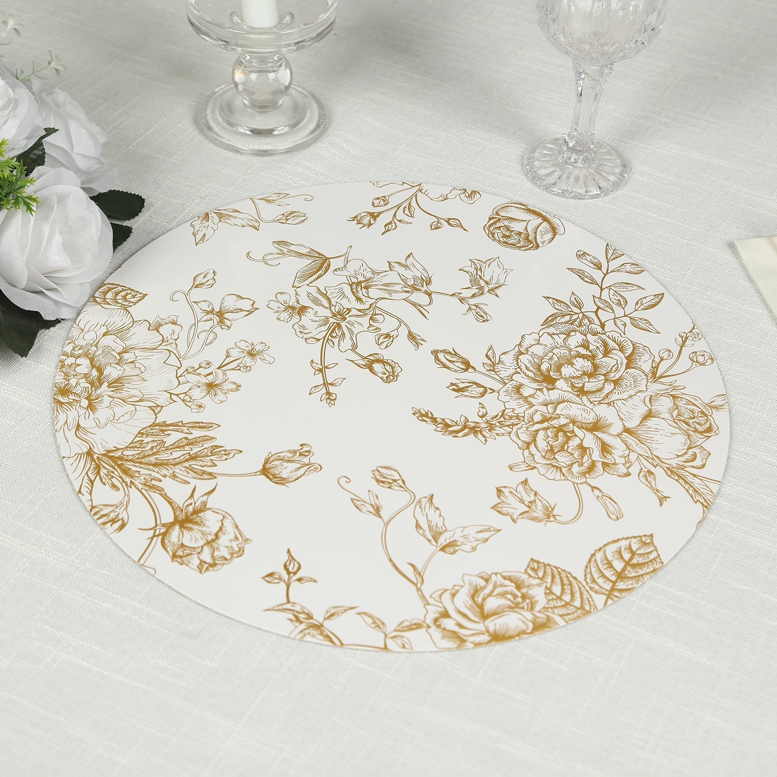 6 - Pack Disposable Table Placemats in French Toile Print 13" in White/Gold - Chic Floral Cardboard Placemats for Stylish Table Setting - Bell Racket Store