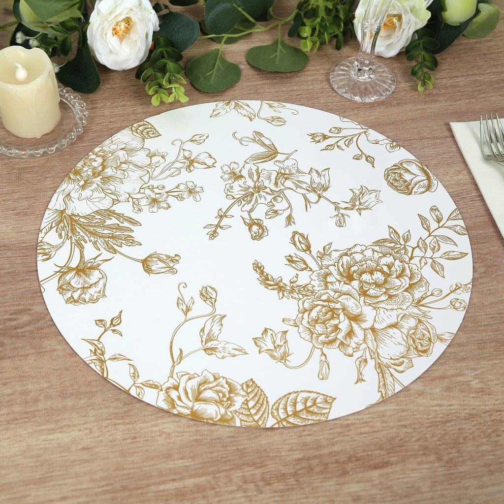6 - Pack Disposable Table Placemats in French Toile Print 13" in White/Gold - Chic Floral Cardboard Placemats for Stylish Table Setting - Bell Racket Store