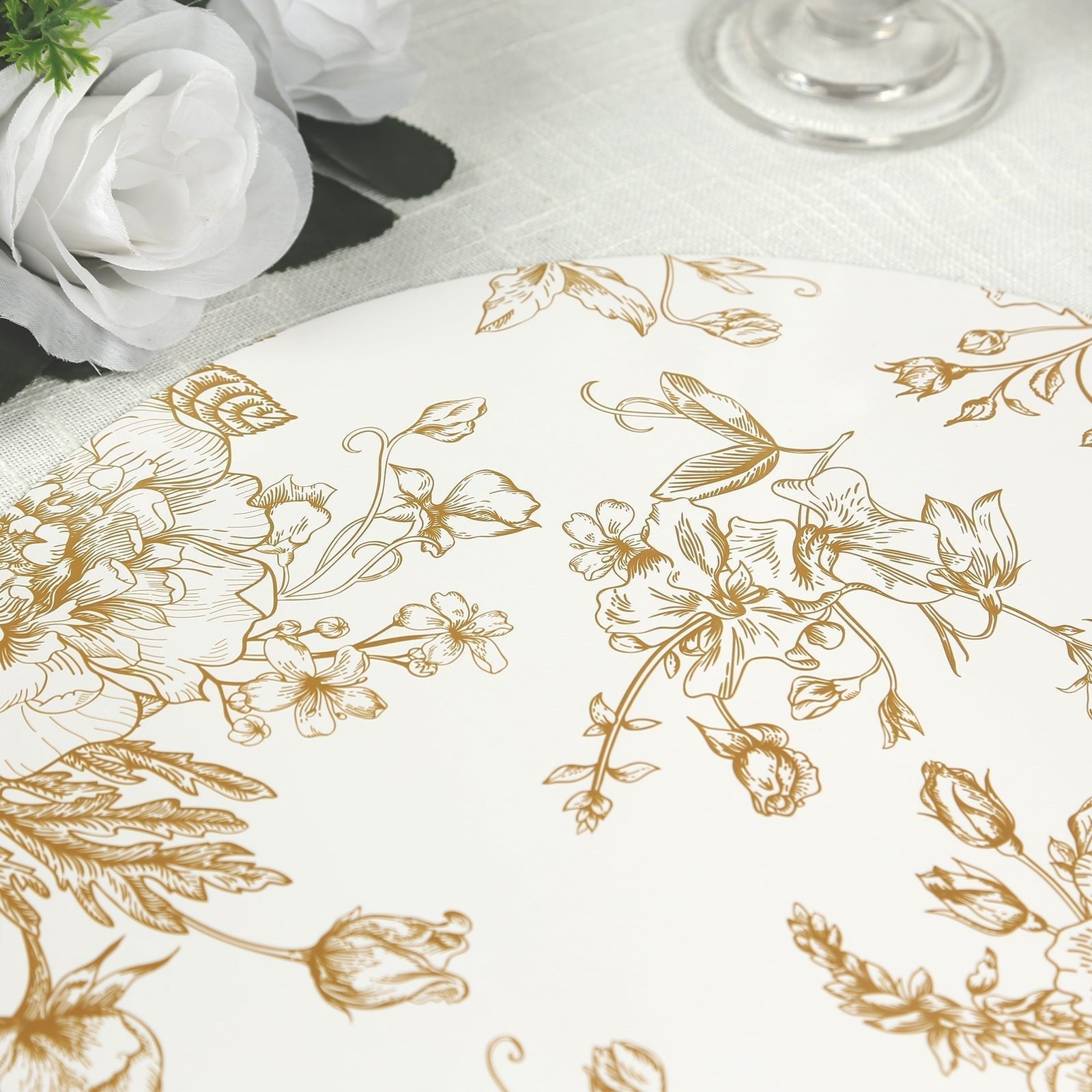 6 - Pack Disposable Table Placemats in French Toile Print 13" in White/Gold - Chic Floral Cardboard Placemats for Stylish Table Setting - Bell Racket Store