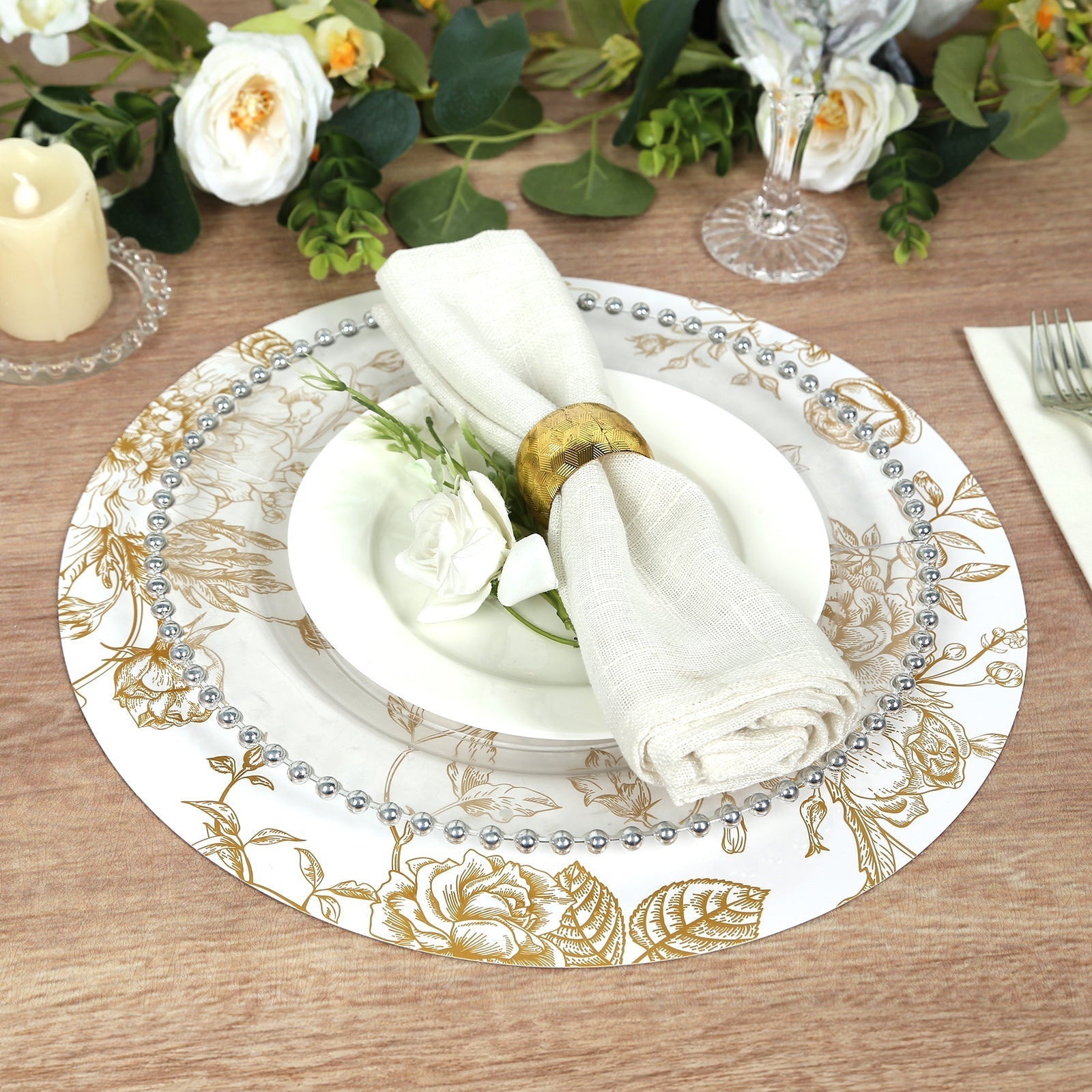 6 - Pack Disposable Table Placemats in French Toile Print 13" in White/Gold - Chic Floral Cardboard Placemats for Stylish Table Setting - Bell Racket Store