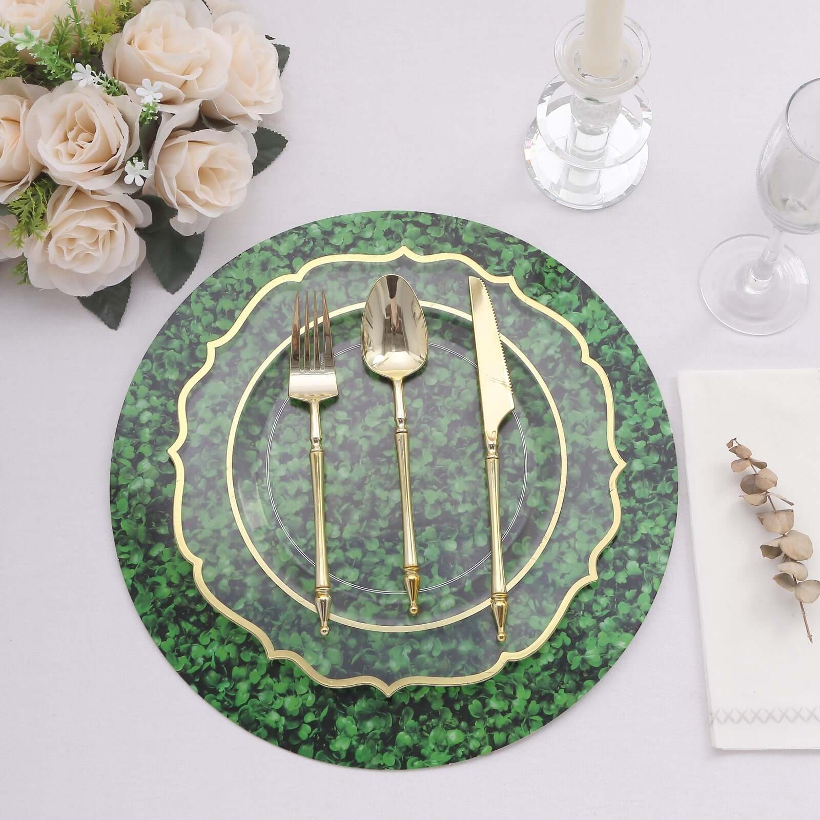 6 - Pack Disposable Table Placemats in Green Boxwood Leaf Print - 700GSM Cardboard Placemats for Forest & Garden Theme Party Decor 13" - Bell Racket Store