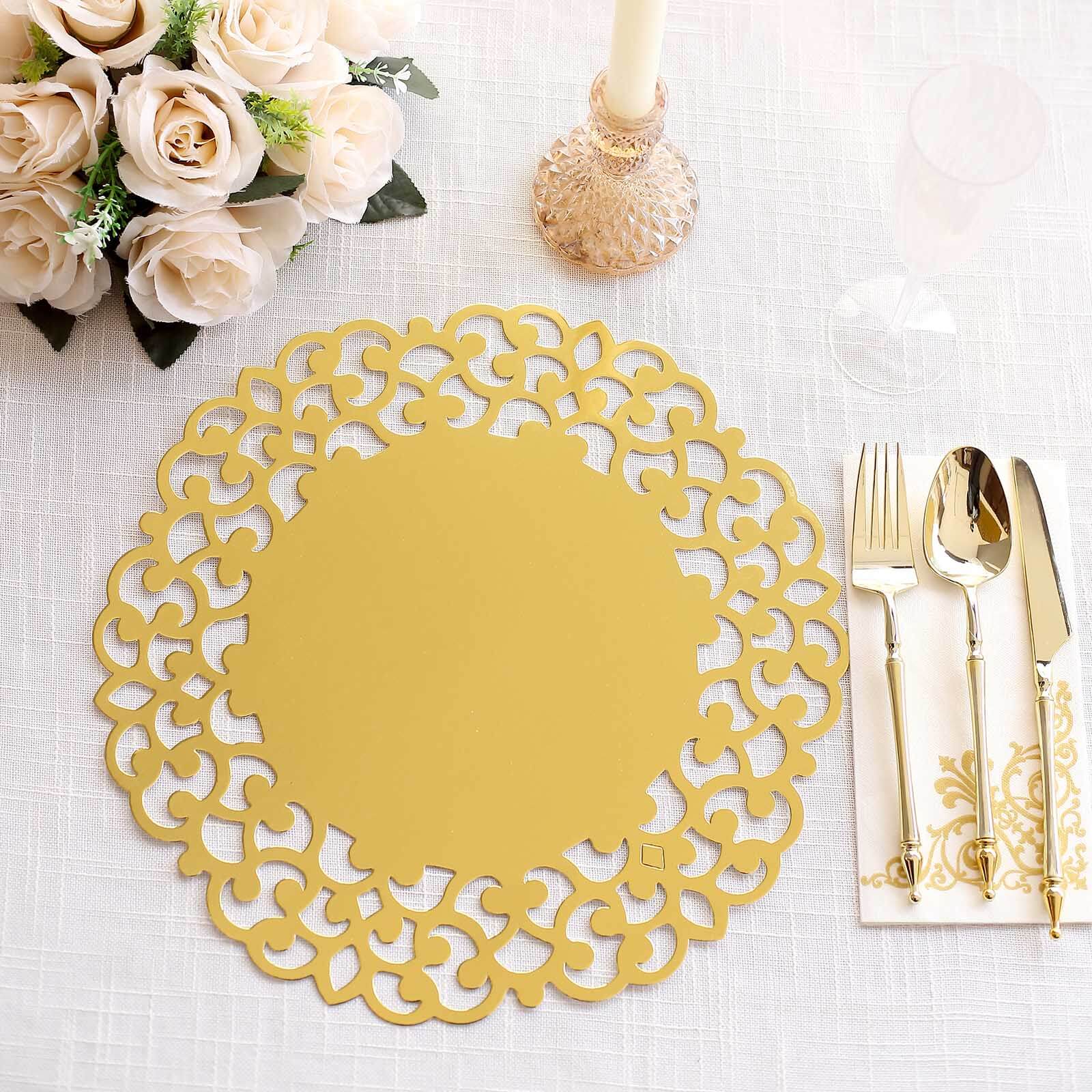 6 - Pack Disposable Table Placemats in Metallic Gold with Laser Cut Floral Rim - 400GSM Cardboard Placemats for Glamorous Table Settings 13" - Bell Racket Store