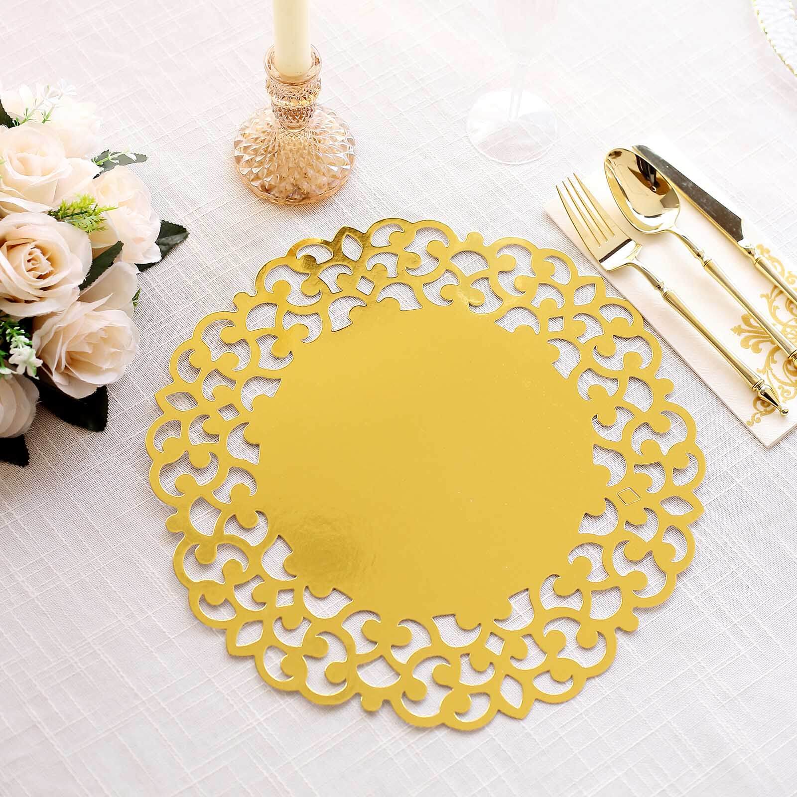 6 - Pack Disposable Table Placemats in Metallic Gold with Laser Cut Floral Rim - 400GSM Cardboard Placemats for Glamorous Table Settings 13" - Bell Racket Store