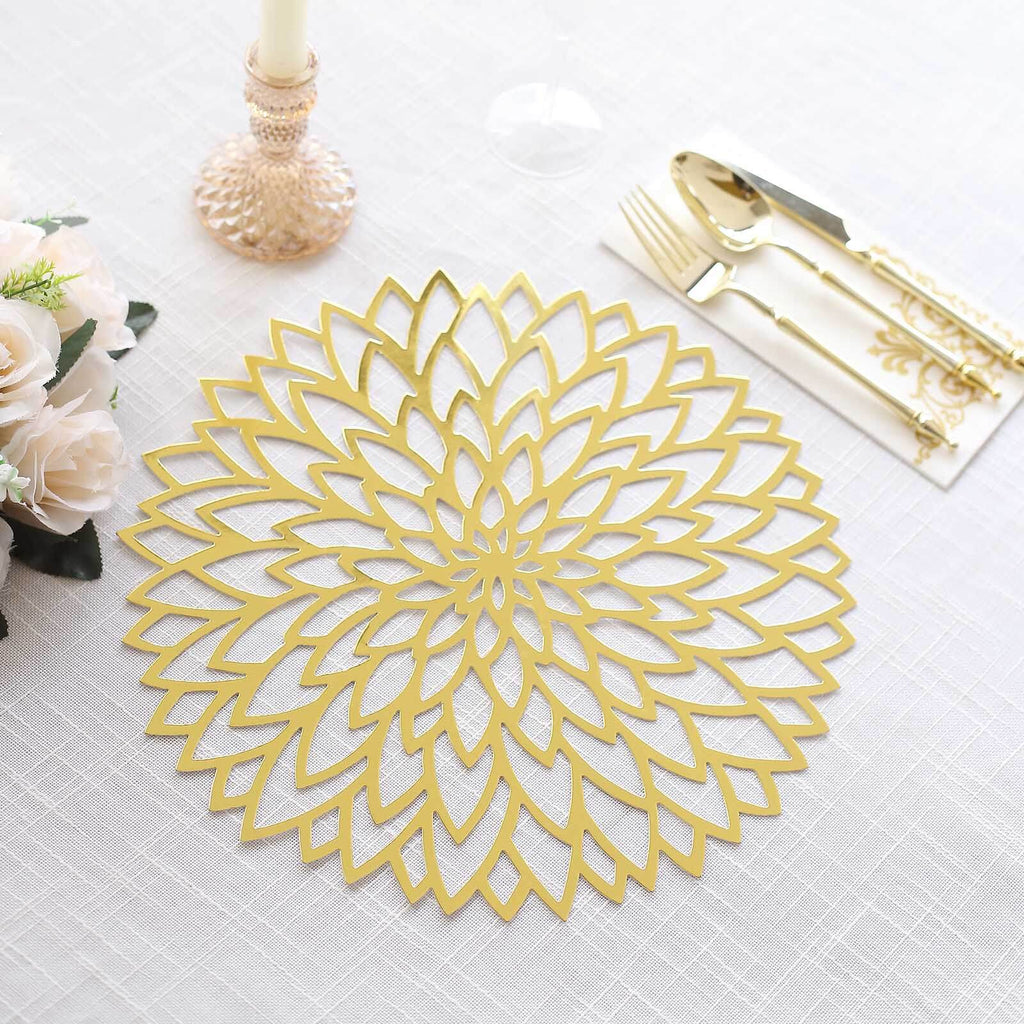 6 - Pack Disposable Table Placemats in Metallic Gold with Laser Cut Hibiscus Flower Design - 400GSM Cardboard Placemats for Glamorous Table Decor 13" - Bell Racket Store