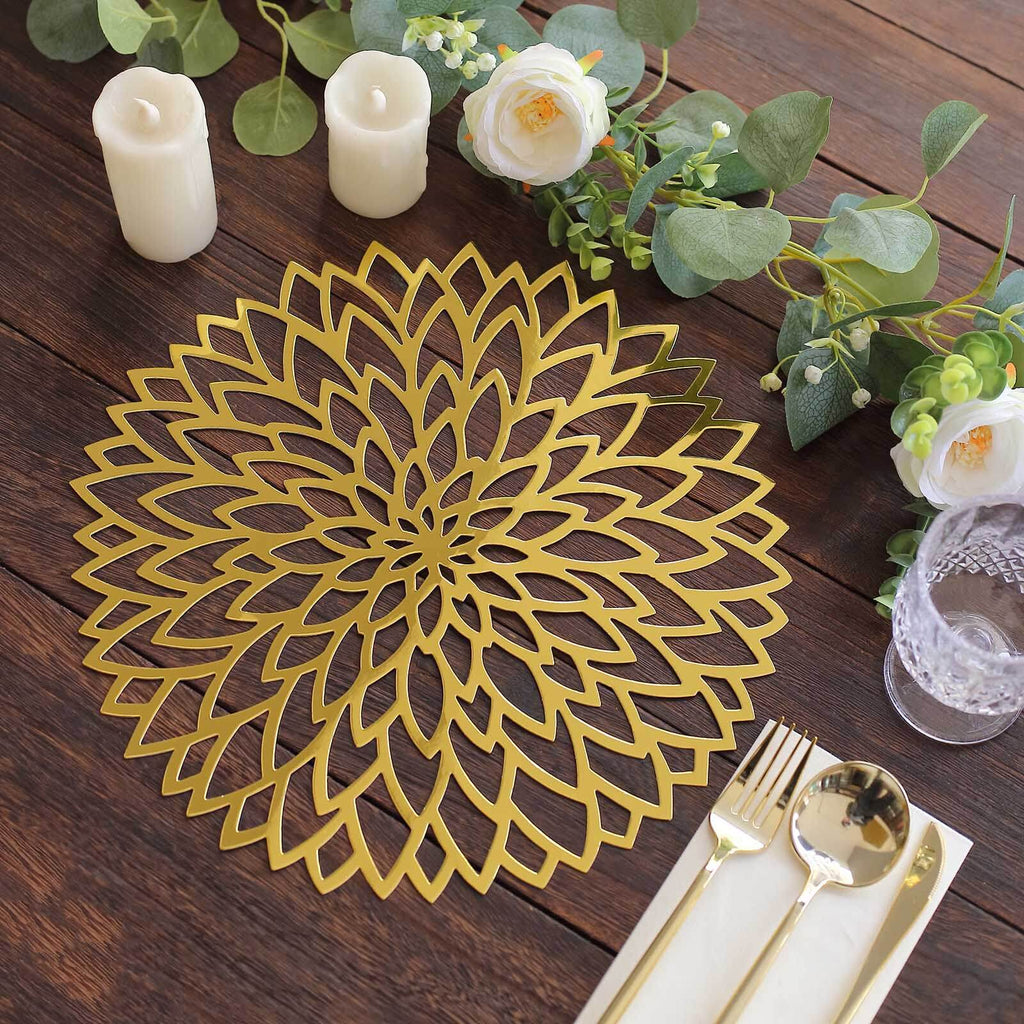 6 - Pack Disposable Table Placemats in Metallic Gold with Laser Cut Hibiscus Flower Design - 400GSM Cardboard Placemats for Glamorous Table Decor 13" - Bell Racket Store