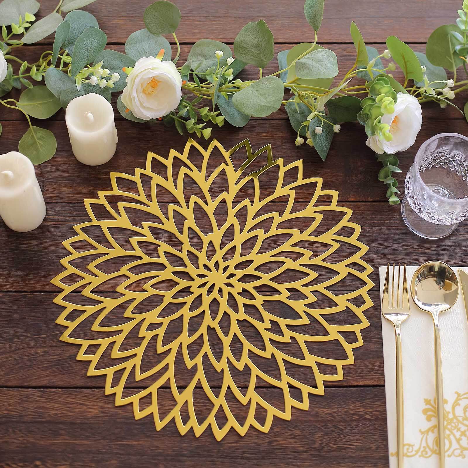 6 - Pack Disposable Table Placemats in Metallic Gold with Laser Cut Hibiscus Flower Design - 400GSM Cardboard Placemats for Glamorous Table Decor 13" - Bell Racket Store