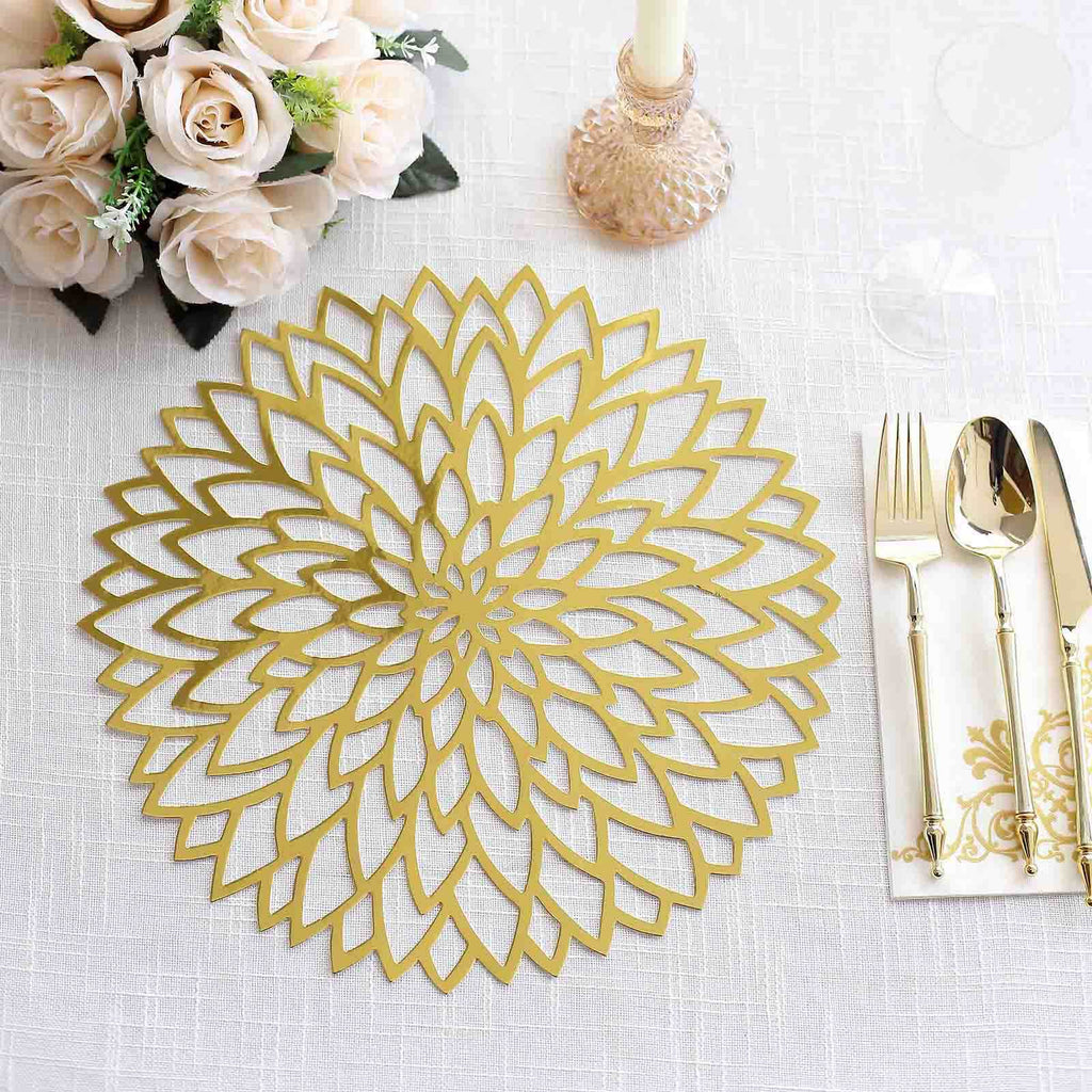 6 - Pack Disposable Table Placemats in Metallic Gold with Laser Cut Hibiscus Flower Design - 400GSM Cardboard Placemats for Glamorous Table Decor 13" - Bell Racket Store