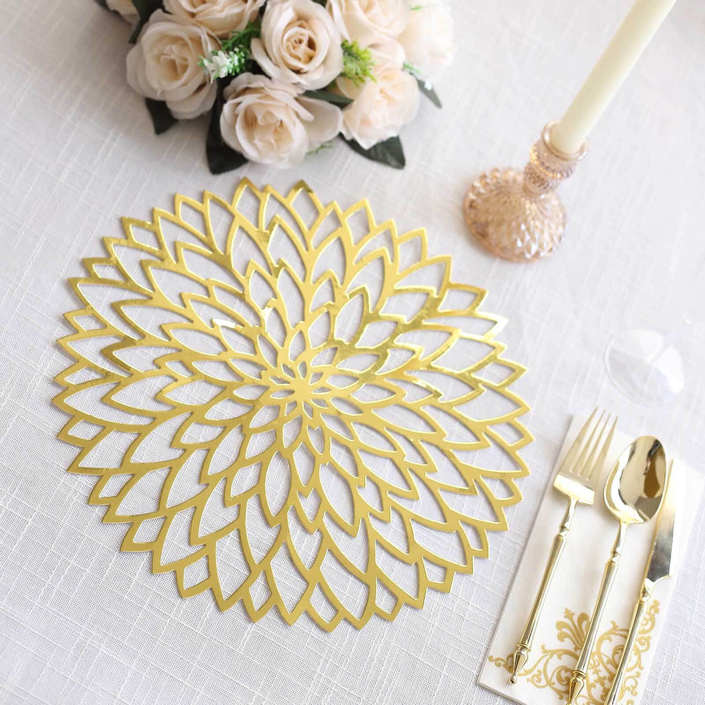 6 - Pack Disposable Table Placemats in Metallic Gold with Laser Cut Hibiscus Flower Design - 400GSM Cardboard Placemats for Glamorous Table Decor 13" - Bell Racket Store