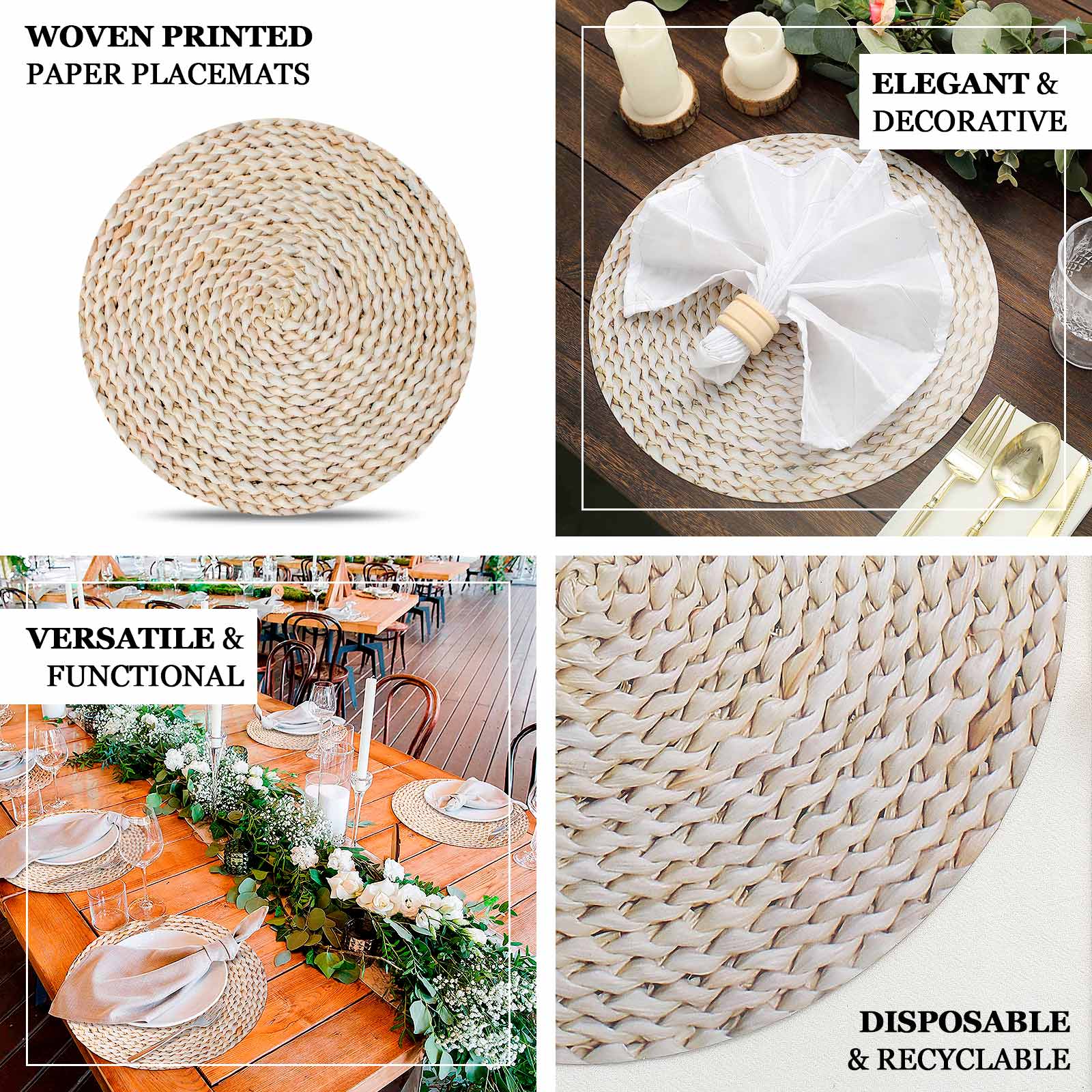 6 - Pack Disposable Table Placemats in Wheat with Woven Rattan Print - 700GSM Cardboard Placemats for Rustic Themes & Outdoor Events 13" - Bell Racket Store